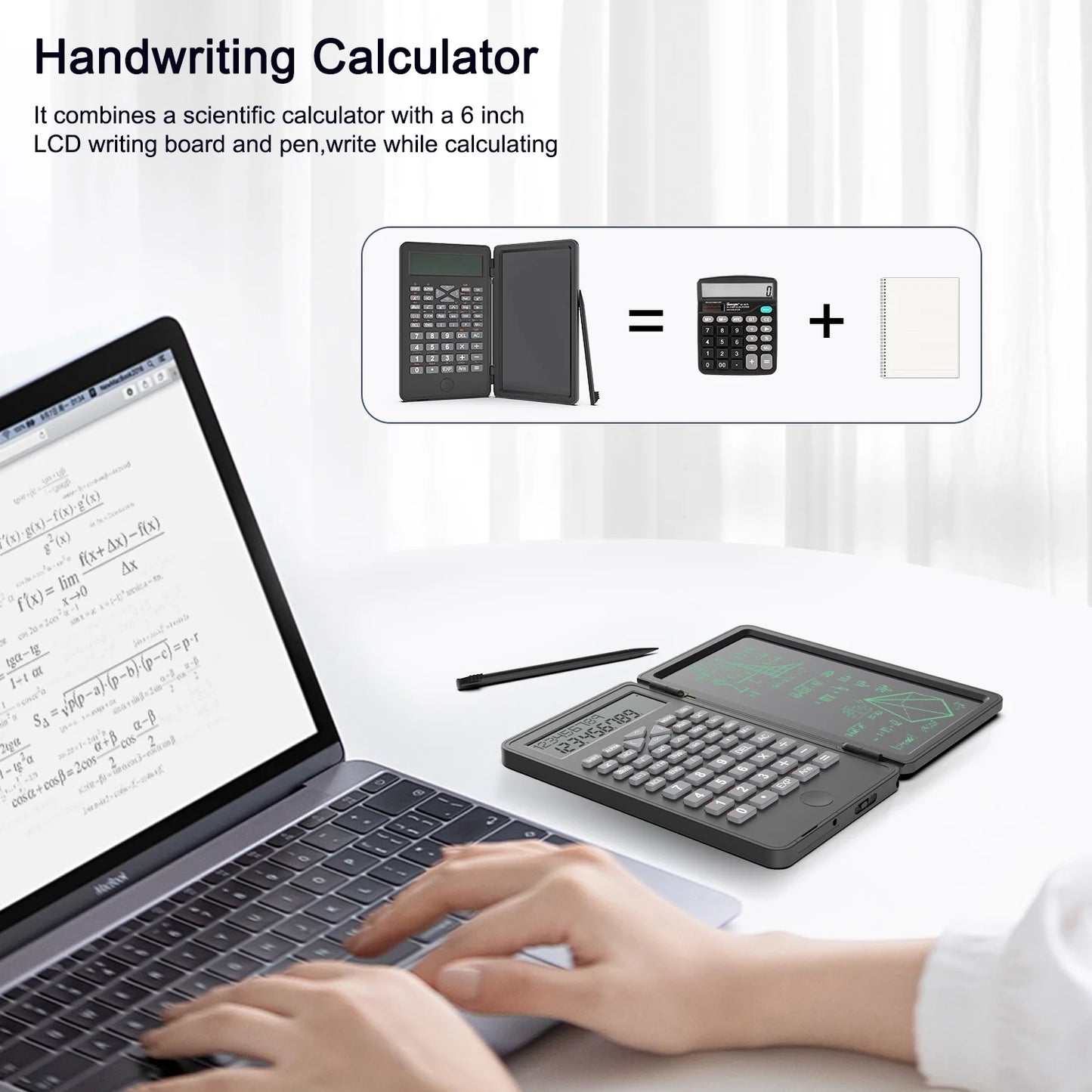Desktop Scientific Calculator with Erasable Writing Board, 10-Digit LCD Display Foldable Desk Calculator, 2 Line Physics Calculator for School Students, Financial, Office, Business, Engineering