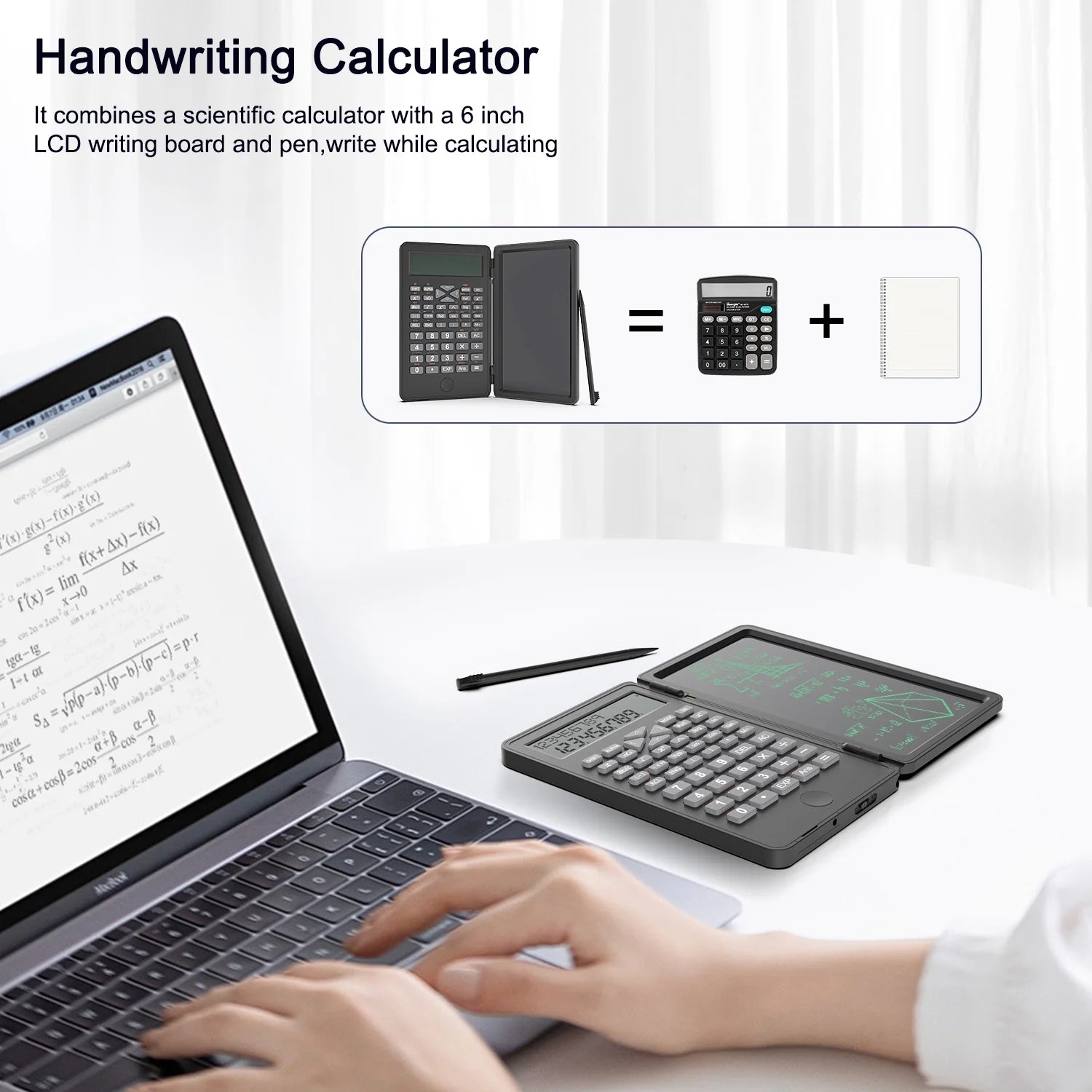 Desktop Scientific Calculator with Erasable Writing Board, 10-Digit LCD Display Foldable Desk Calculator, 2 Line Physics Calculator for School Students, Financial, Office, Business, Engineering